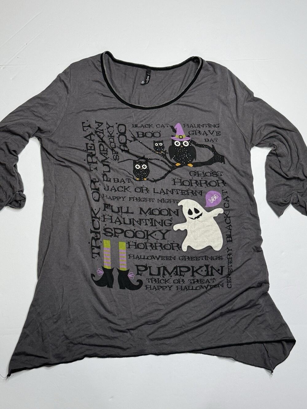 Edista Halloween Top Womens 1X Gray Owl Ghost Rhinestone 3/4 Sleeve Y2K
